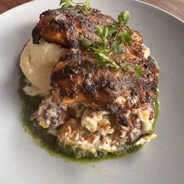 Blackened chicken, potato salad, mashed potatoes.