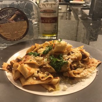 Fabio's Artisan Pasta - Homemade Sunday gravy with parpadelle from Fabio's and olive oil from D'Amico. - Pasta Shops Near Me - Houston, Texas