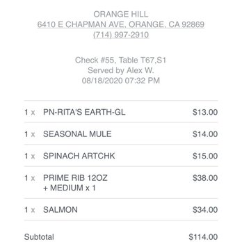Orange Hill Restaurant & Events - Copy of the tab for the night - Steakhouses Near Me - Orange, California Orange Hill Restaurant & Events - Copy of the tab for the night - Steakhouses Near Me - Orange, California