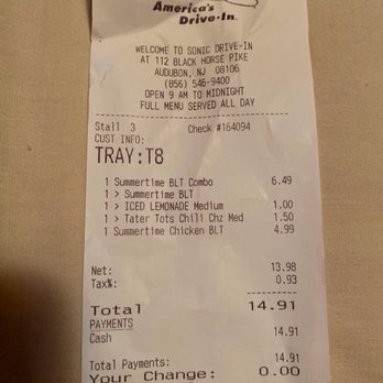Sonic Drive-In - I should be refunded the total amount I paid for my food. $14.91 total. Summertime BLT Combo $6.49 - Burgers Near Me - Audubon, New Jersey Sonic Drive-In - I should be refunded the total amount I paid for my food. $14.91 total. Summertime BLT Combo $6.49 - Burgers Near Me - Audubon, New Jersey