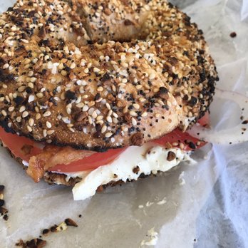 Empire Bagel Factory - Bacon Delight on Toasted Wheat Everything - Bacon, Cream Cheese, Red Onion, Tomatoes - Bagels Near Me - Marco Island, Florida