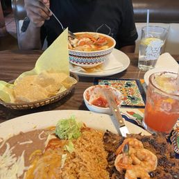 Asada plate with shrimp Seafood soup and margaritas Asada plate with shrimp Seafood soup and margaritas