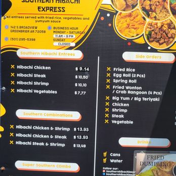 Southern Hibachi Express - Menu as of May 2024. - Food Trucks Near Me - Greenbrier, Arkansas Southern Hibachi Express - Menu as of May 2024. - Food Trucks Near Me - Greenbrier, Arkansas