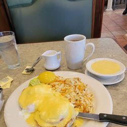 Lumes Pancake House - Classic eggs benedict hash browns little extra Hollandaise for the hb's cawfee 8/31/23