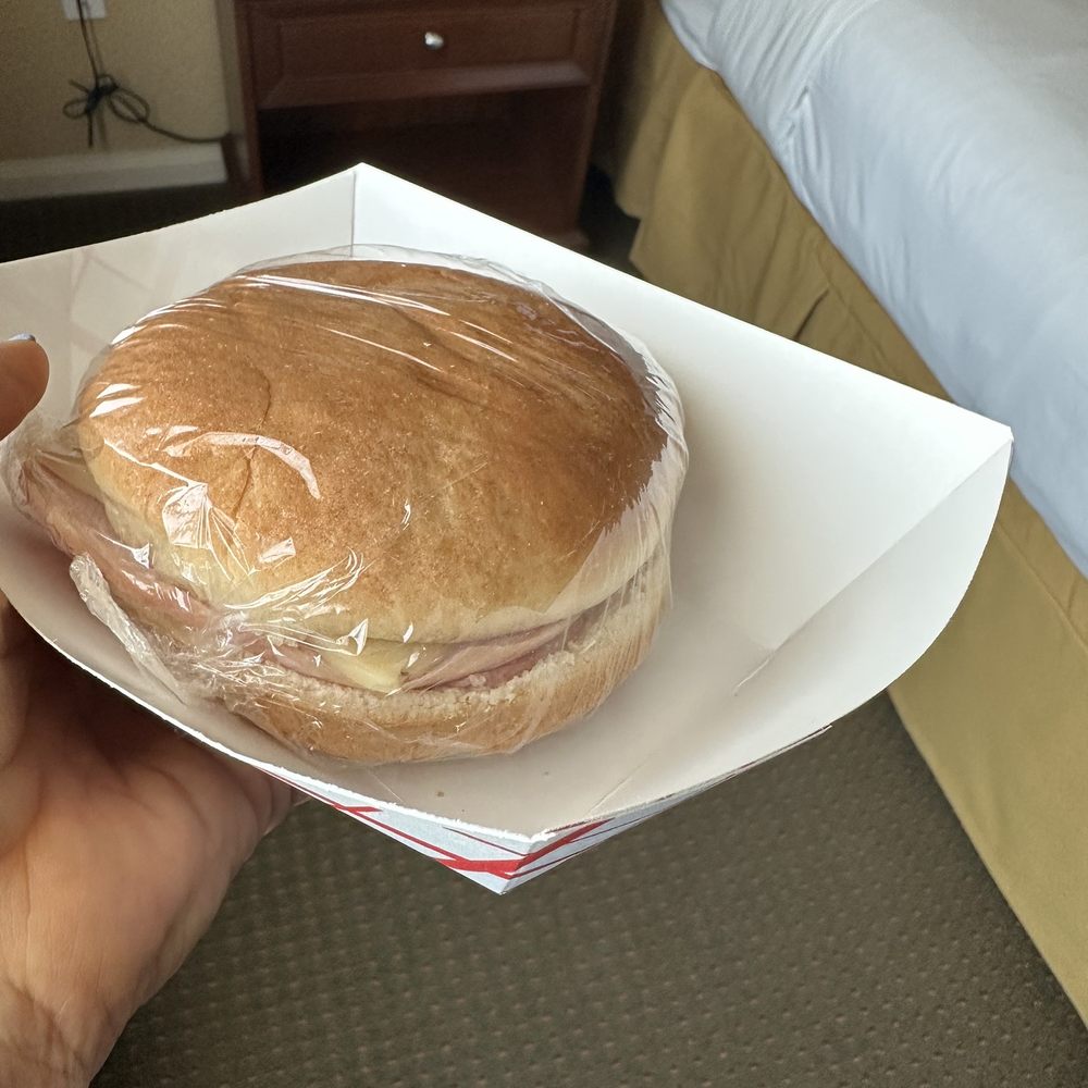 This is the famous ham sandwich . Very disappointing. Two thin slices of ham , one slice of cheese and a hamburger bun . This is the famous ham sandwich . Very disappointing. Two thin slices of ham , one slice of cheese and a hamburger bun .