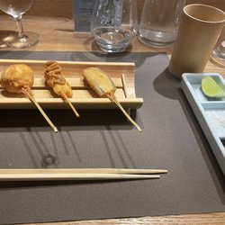 Shu - Kushiyage - mushroom stuffed shrimp , chicken and eggplant