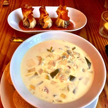 Pibroch Scottish Restaurant - Haggis Parcels with red wine plum sauce and Cullen Skink - Scottish Near Me - Edinburgh, EDH