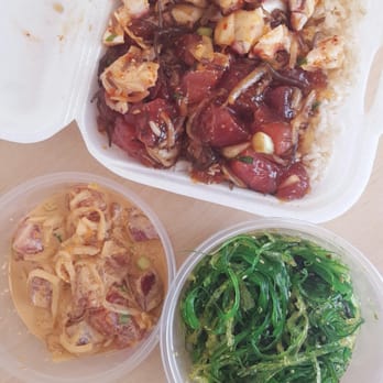 Ono Seafood - Tako and ahi shoyu poke bowl, spicy ahi poke, and seaweed salad - Seafood Near Me - Honolulu, Hawaii Ono Seafood - Tako and ahi shoyu poke bowl, spicy ahi poke, and seaweed salad - Seafood Near Me - Honolulu, Hawaii