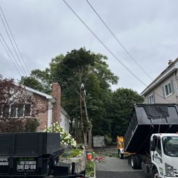 a dump truck parked in front of a house