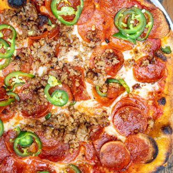 Pizzeria Rosa Maria - Ay Caramba! ($23) Pepperoni, Fennel Sausage, Mozzarella, tomato sauce, fresh jalapeños - Italian Near Me - San Jose, California Pizzeria Rosa Maria - Ay Caramba! ($23) Pepperoni, Fennel Sausage, Mozzarella, tomato sauce, fresh jalapeños - Italian Near Me - San Jose, California