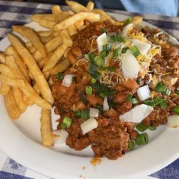 SMOKING GUN - open face burger with chili, cheese & onion