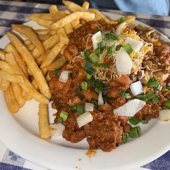 Oatman Hotel - SMOKING GUN - open face burger with chili, cheese & onion - American Near Me - Oatman, Arizona