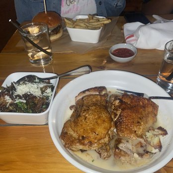 Salty Sow - Crispy Chicken and potatoes with Brussels sprouts. - American Near Me - Austin, Texas Salty Sow - Crispy Chicken and potatoes with Brussels sprouts. - American Near Me - Austin, Texas