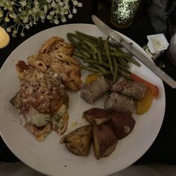 Elmtree Catering - Chicken Parmesan, sausage peppers and onions, pasta, roasted potatoes, and green beans.