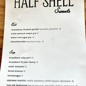 Half Shell - Dessert menu - May 2024 - Bars Near Me - Seattle, Washington Half Shell - Dessert menu - May 2024 - Bars Near Me - Seattle, Washington