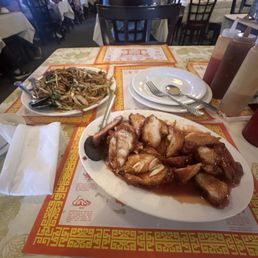 Orange chicken and noodles with beef
