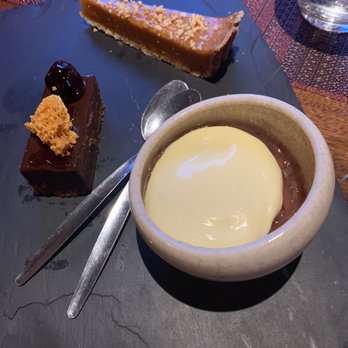 Sleepy Hollow Restaurant - Mini desserts. Dark chocolate with a boozy cherry and honeycomb on a biscuit base, a peanut based tart and rhubarb & custard trifle - British Near Me - Newtownabbey, BFS
