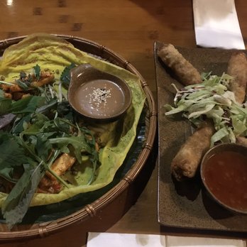 MOM's creation - Left: appetizer number 7 (definetly get that pancake. The peanut coconut sauce is delicious!)   Right: spring rolls number 3 (skip that) - Vietnamese Near Me - Berlin, BE