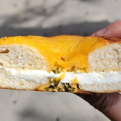 Woods Deli - jalapeño cheese bagel with cream cheese