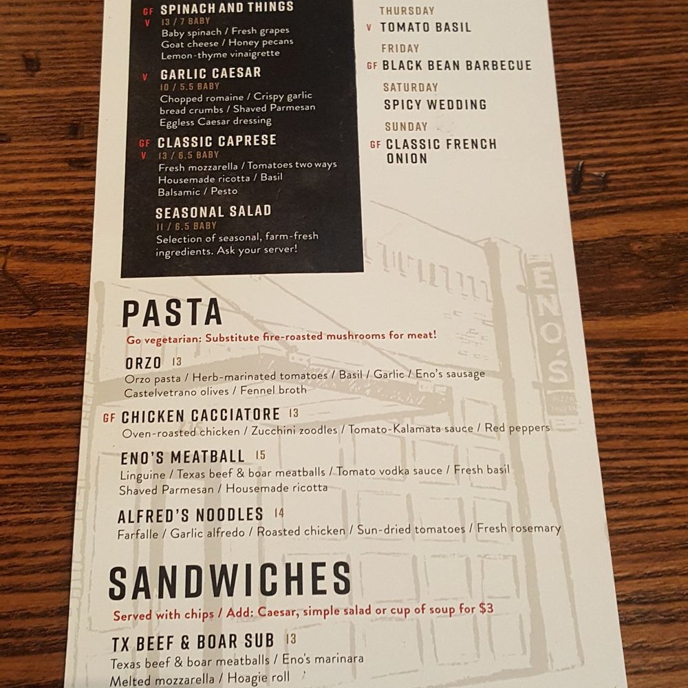 Eno's Pizza Tavern - Back of Menu - Pizza Near Me - Forney, Texas Eno's Pizza Tavern - Back of Menu - Pizza Near Me - Forney, Texas