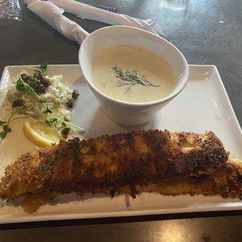 Tide and Boar Gastropub - Breaded fish with upgraded seafood chowder - Gastropubs Near Me - Moncton, New Brunswick Tide and Boar Gastropub - Breaded fish with upgraded seafood chowder - Gastropubs Near Me - Moncton, New Brunswick