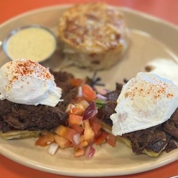 Snooze, an A.M. Eatery - Barbocoa Chile Verde Benny (No Cheese) - Breakfast & Brunch Near Me - Plano, Texas