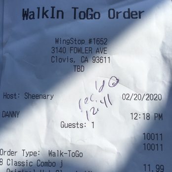 Wingstop - Picture of time order and received food - Chicken Wings Near Me - Clovis, California