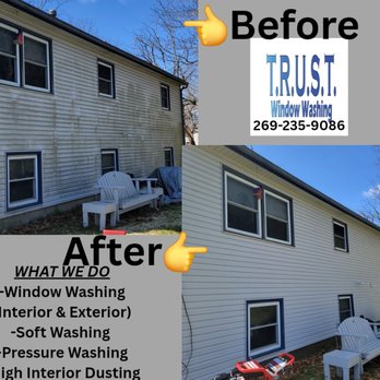 TRUST Window & House Washing - A before and after photo of a dirty house on the left and the same house, but after TRUST Window Washings Softwash service on the right. - Pressure Washers Near Me - Three Rivers, Michigan TRUST Window & House Washing - A before and after photo of a dirty house on the left and the same house, but after TRUST Window Washings Softwash service on the right. - Pressure Washers Near Me - Three Rivers, Michigan