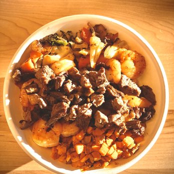 Original ChopShop - Red Chili Lime Shrimp Bowl with sweet potato hash and steak - New American Near Me - Allen, Texas Original ChopShop - Red Chili Lime Shrimp Bowl with sweet potato hash and steak - New American Near Me - Allen, Texas