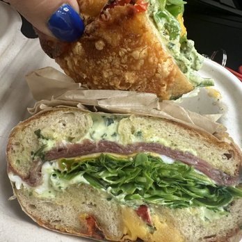 Boil & Bake - Green Eggs and ham with Cheddar and sliced pepper bagel - Bagels Near Me - Costa Mesa, California Boil & Bake - Green Eggs and ham with Cheddar and sliced pepper bagel - Bagels Near Me - Costa Mesa, California