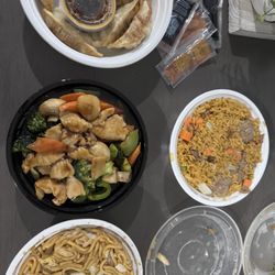 China Moon - Fried dumplings, garlic chicken & vegs, chicken low mein & beef rice