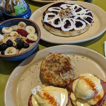 Snooze, an A.M. Eatery - Ham Benedict, Goldilocks, Blueberry Pancake, Choose 2 Bene on the far end - Breakfast & Brunch Near Me - Westminster, Colorado