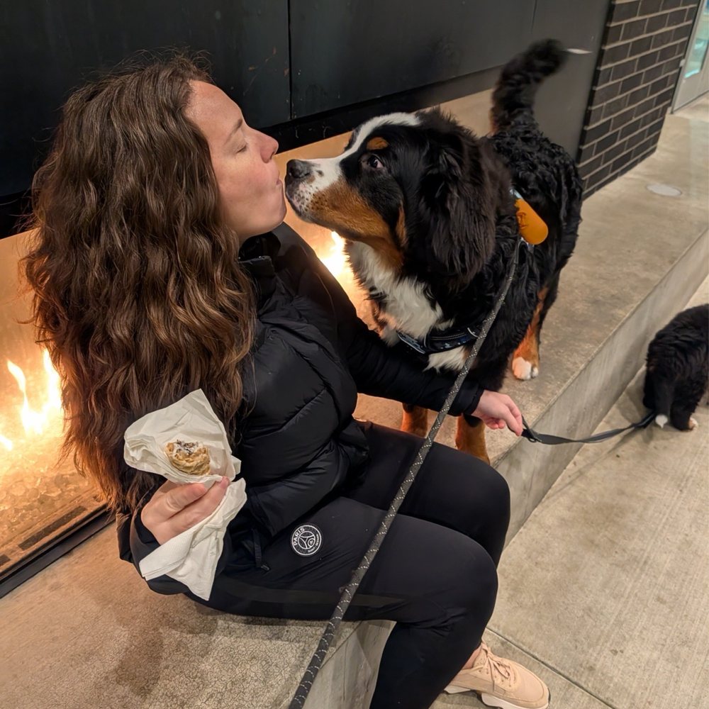Hanging by the fireplace outside the salt and straw. Our pup is seeking a sweet kiss. Hanging by the fireplace outside the salt and straw. Our pup is seeking a sweet kiss.
