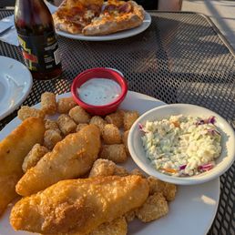 Fish and chips and double deckeroni pizza