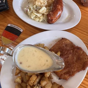 Bodensee Restaurant - Schnitzel, Bavarian Gravy, potatoes; Bratwurst, potato salad, and sauerkraut - German Near Me - Helen, Georgia