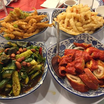 Congee Village - 4 Dish Appetizer Platter: Fried White Anchovies, Boneless Chicken Feet, Pickled Gherkins w/ Peanuts & Century Eggs and Stuffed Pig Intestine - Cantonese Near Me - Flushing, New York