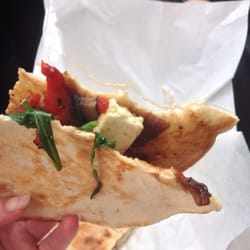 Blessed Cheese - Amazing flatbread w Haloumi, baby spinach, roast capsicum. It was juicy, salty sweet, toasted and delish!