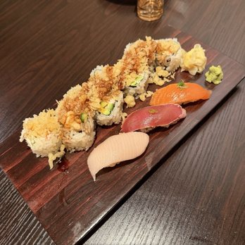 Nagisa Sushi - Shrimp tempura roll (with Hamachi, tuna and salmon nigiri) - Sushi Bars Near Me - San Diego, California Nagisa Sushi - Shrimp tempura roll (with Hamachi, tuna and salmon nigiri) - Sushi Bars Near Me - San Diego, California