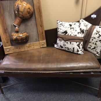 Carefree Consignment - Leather bench with pillows and artwork - Used, Vintage & Consignment Near Me - Carefree, Arizona