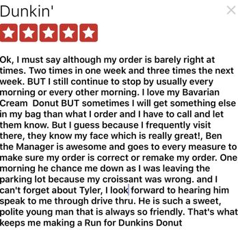 Dunkin' - a text message from a customer - Donuts Near Me - Indian Land, South Carolina Dunkin' - a text message from a customer - Donuts Near Me - Indian Land, South Carolina