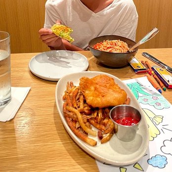 Mahi’ai Table - Scallion Bread (in hand), Keiki Pasta, Fish 'n' Chips - Cocktail Bars Near Me - Kapolei, Hawaii