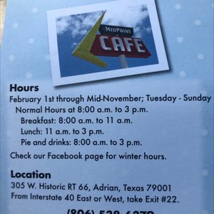 Photo of Midpoint Cafe And Gift Shop - Adrian, TX, United States. Hours and location as of Nov 2022.