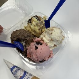 Pb chocolate brownie, monkey business, deep dish apple pie, black cherry, and a sugar cone on the side Pb chocolate brownie, monkey business, deep dish apple pie, black cherry, and a sugar cone on the side