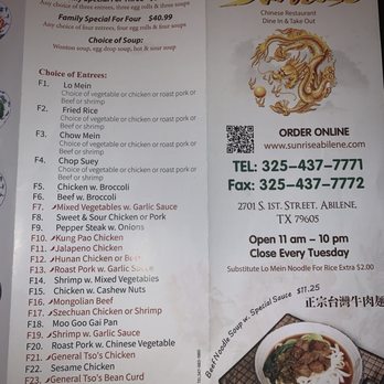 Sunrise Chinese Restaurant - Menu 4-6-25 - Chinese Near Me - Abilene, Texas