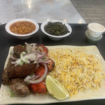 Fairfax Kabob - Meat combo w all 3 options.  Comes w rice and 2 sides (chickpeas and spinach are excellent) - Kebab Near Me - Fairfax, Virginia