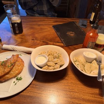 Paradise Village Restaurant - From left to right: Amazing chicken piroshki, chicken pierogi, garlic potato pierogi. - Comfort Food Near Me - Ashford, Washington Paradise Village Restaurant - From left to right: Amazing chicken piroshki, chicken pierogi, garlic potato pierogi. - Comfort Food Near Me - Ashford, Washington