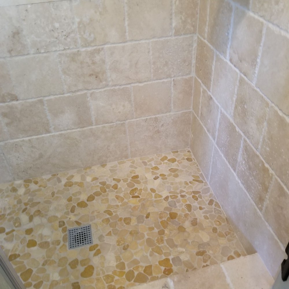 My Artistic Tile - Travertine tile shower with Pebble floor - Tiling Near Me - Oxnard, California My Artistic Tile - Travertine tile shower with Pebble floor - Tiling Near Me - Oxnard, California