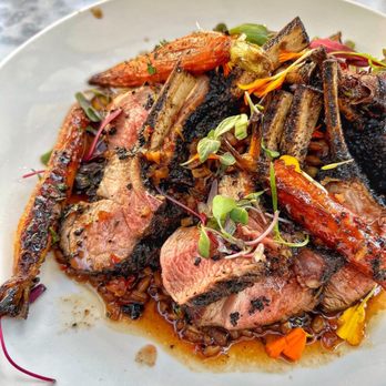 Leoness Cellars - ESPRESSO RUBBED LAMB - Te Mana lamb chop, Farro and morels with cherries, roasted baby carrots, amaretto glaze.  IG: foodie.maps - Venues & Event Spaces Near Me - Temecula, California