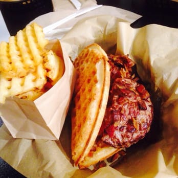 Bruxie - The bacon waffle burger (plain cause I'm picky) and waffle fries!!! - Breakfast & Brunch Near Me - Brea, California