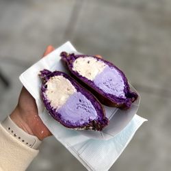 Milkbomb Ice Cream - ube & banana rocky road ice cream in ube pandesal
